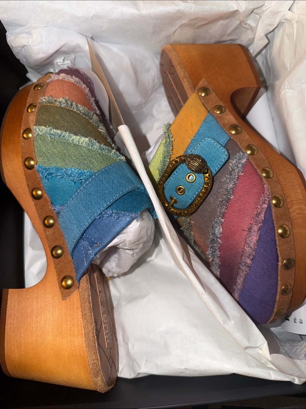 Kurt Geiger Rainbow Striped Denim Buckle Clogs - Picture 9 of 11